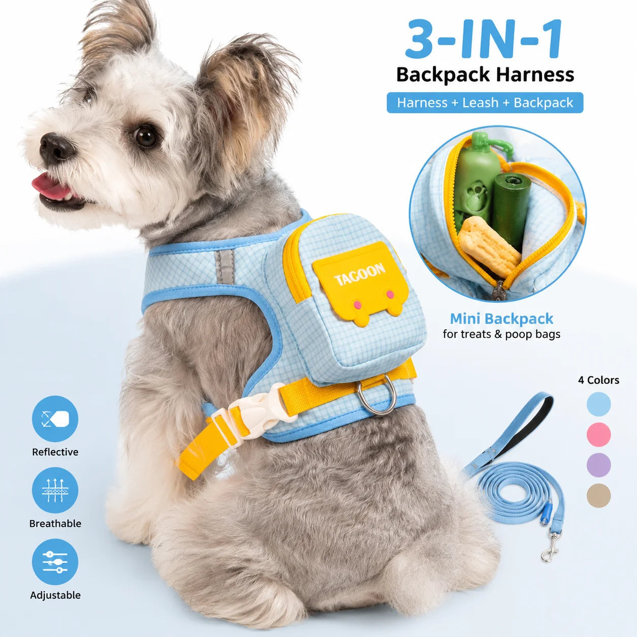 3-in-1 Reflective Pet Harness & Leash Set with Built-In Backpack